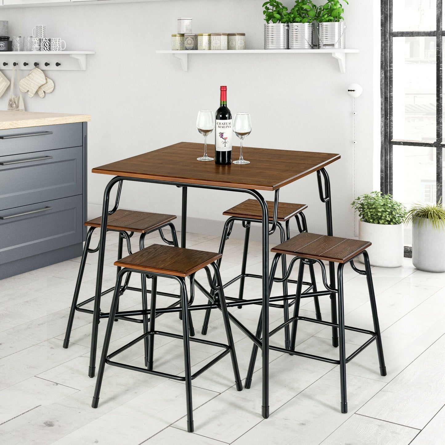 5 Piece Counter Height Bar Table Set with 4 Backless Stools for Kitchen and Dining