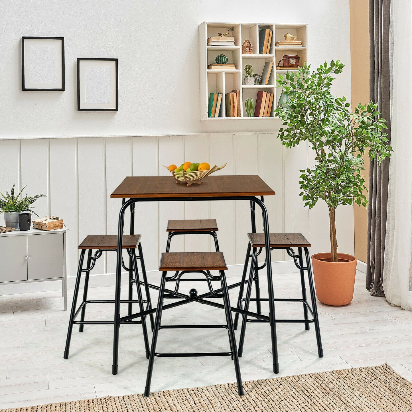 5 Piece Counter Height Bar Table Set with 4 Backless Stools for Kitchen and Dining