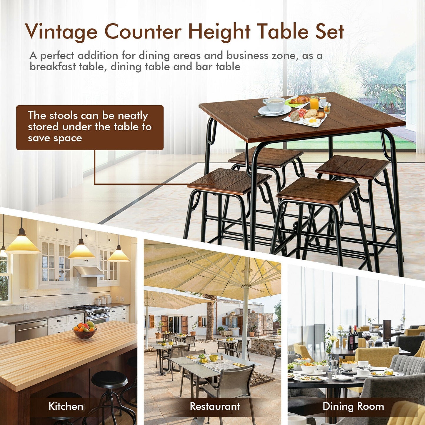 5 Piece Counter Height Bar Table Set with 4 Backless Stools for Kitchen and Dining