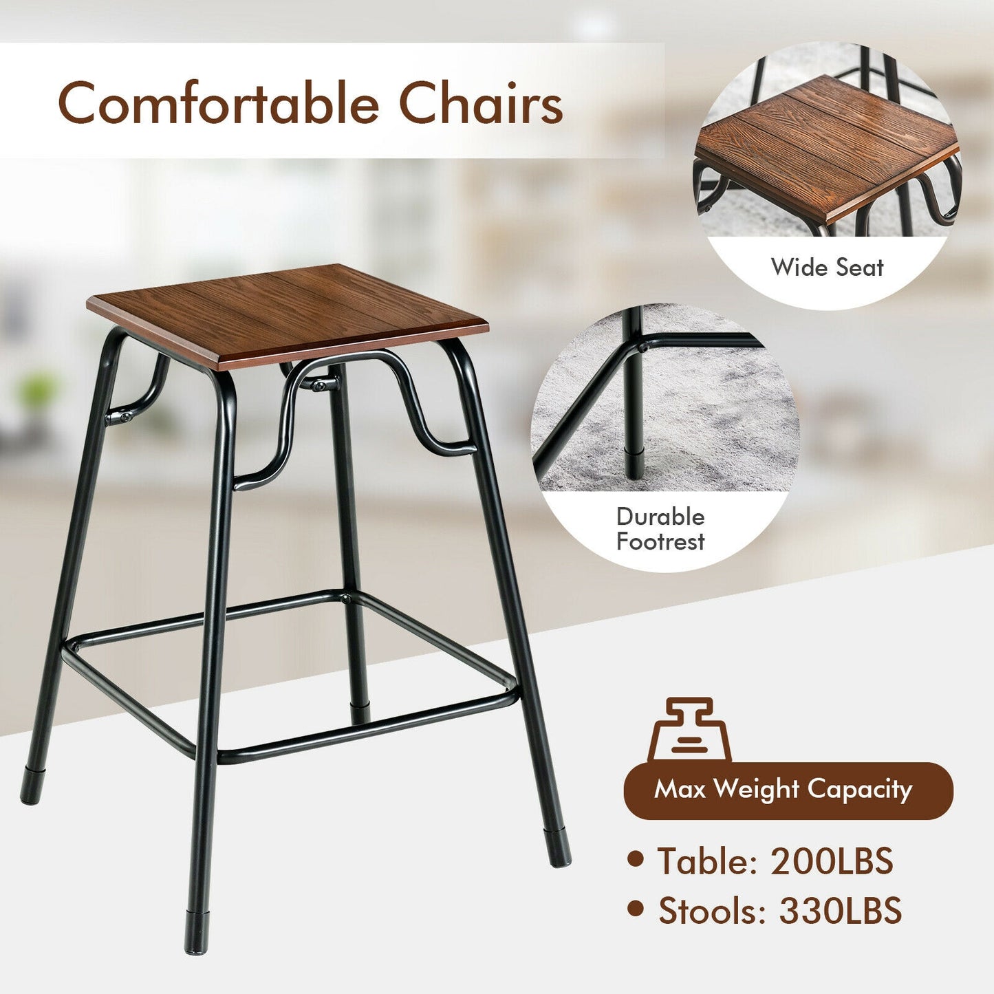 5 Piece Counter Height Bar Table Set with 4 Backless Stools for Kitchen and Dining