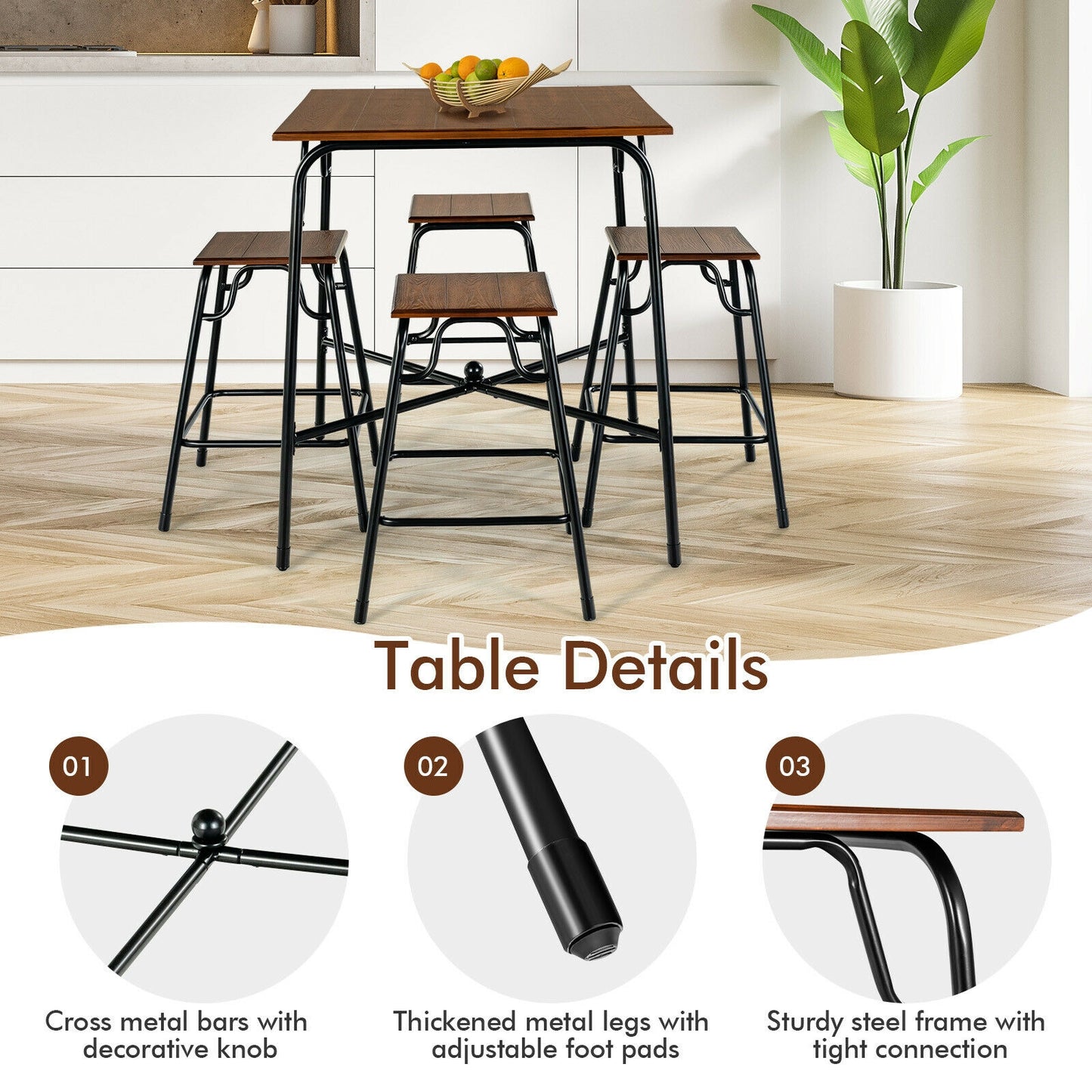5 Piece Counter Height Bar Table Set with 4 Backless Stools for Kitchen and Dining