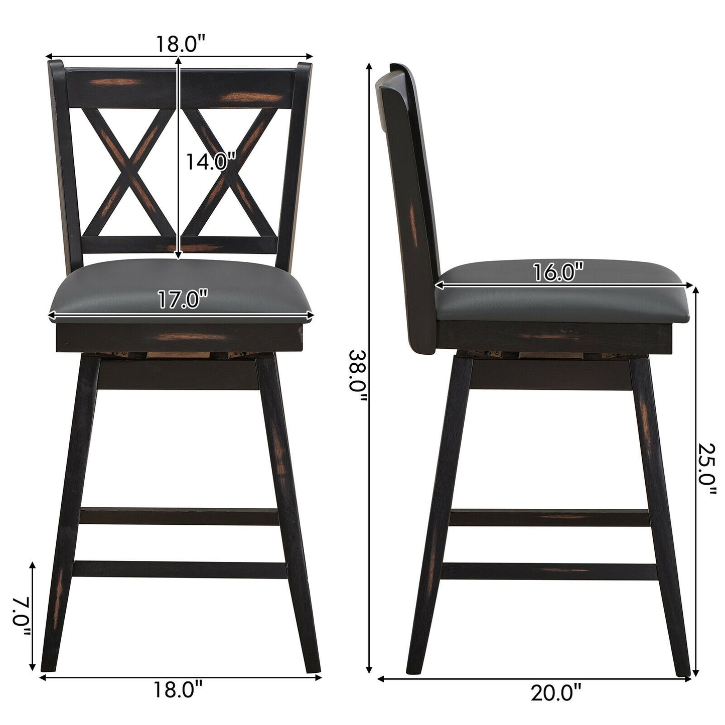 Counter Height Bar Stools Set of 2 with 24 Inch Swivel Seat and Black Rubber Wood Frame