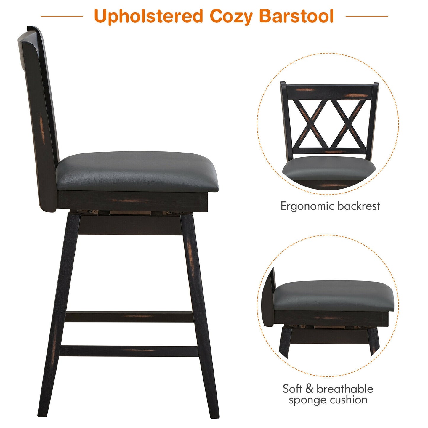 Counter Height Bar Stools Set of 2 with 24 Inch Swivel Seat and Black Rubber Wood Frame