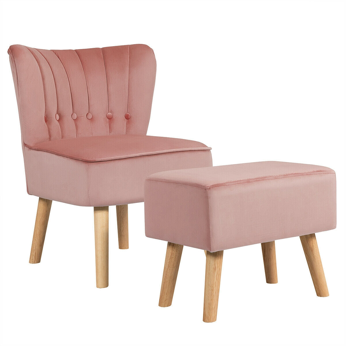 Tufted Velvet Lounge Chair and Ottoman Set with Thick Cushions and Wood Legs - Pink