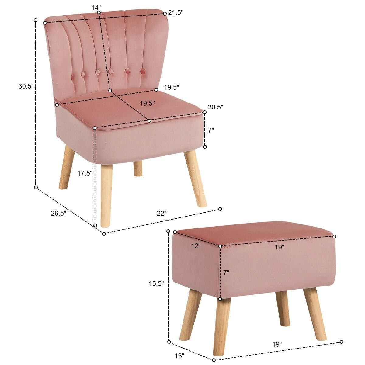 Tufted Velvet Lounge Chair and Ottoman Set with Thick Cushions and Wood Legs - Pink