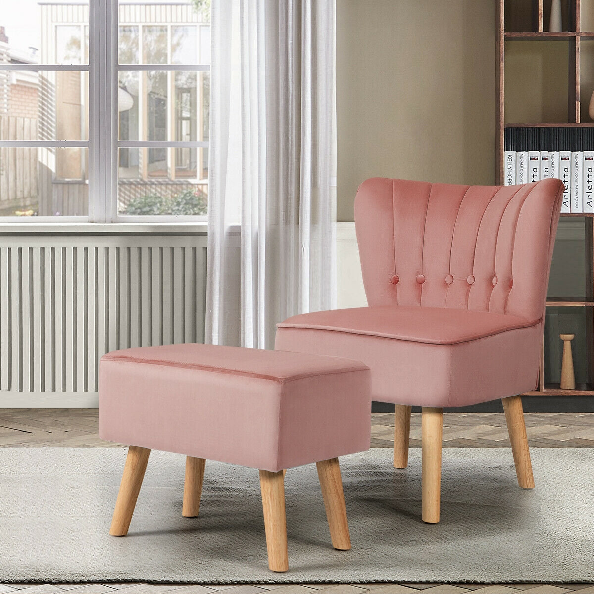 Tufted Velvet Lounge Chair and Ottoman Set with Thick Cushions and Wood Legs - Pink