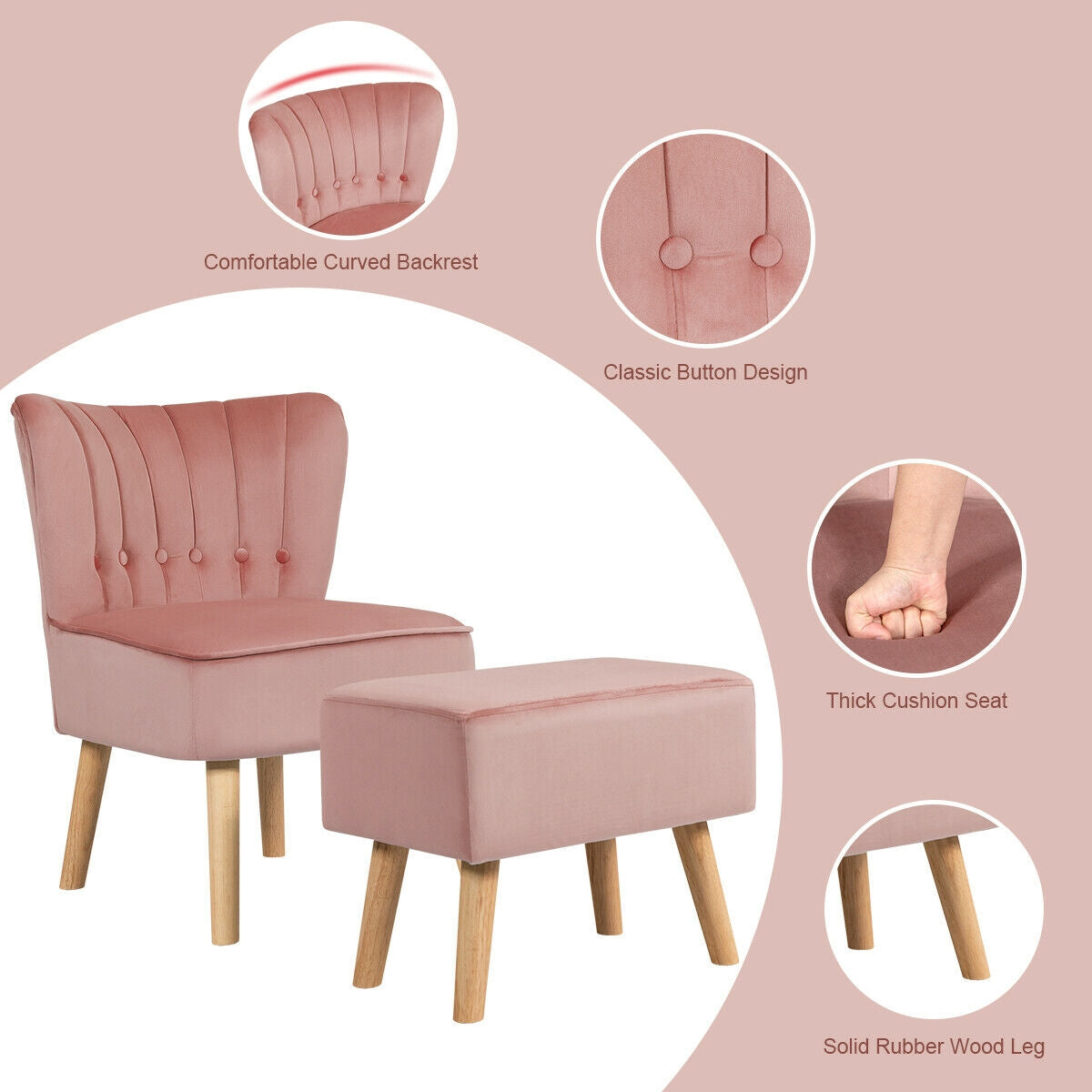 Tufted Velvet Lounge Chair and Ottoman Set with Thick Cushions and Wood Legs - Pink