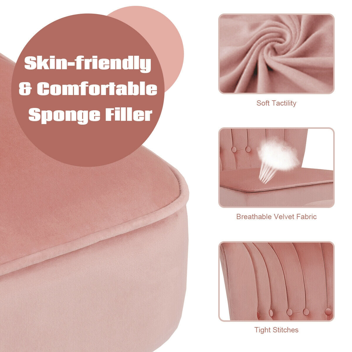 Tufted Velvet Lounge Chair and Ottoman Set with Thick Cushions and Wood Legs - Pink