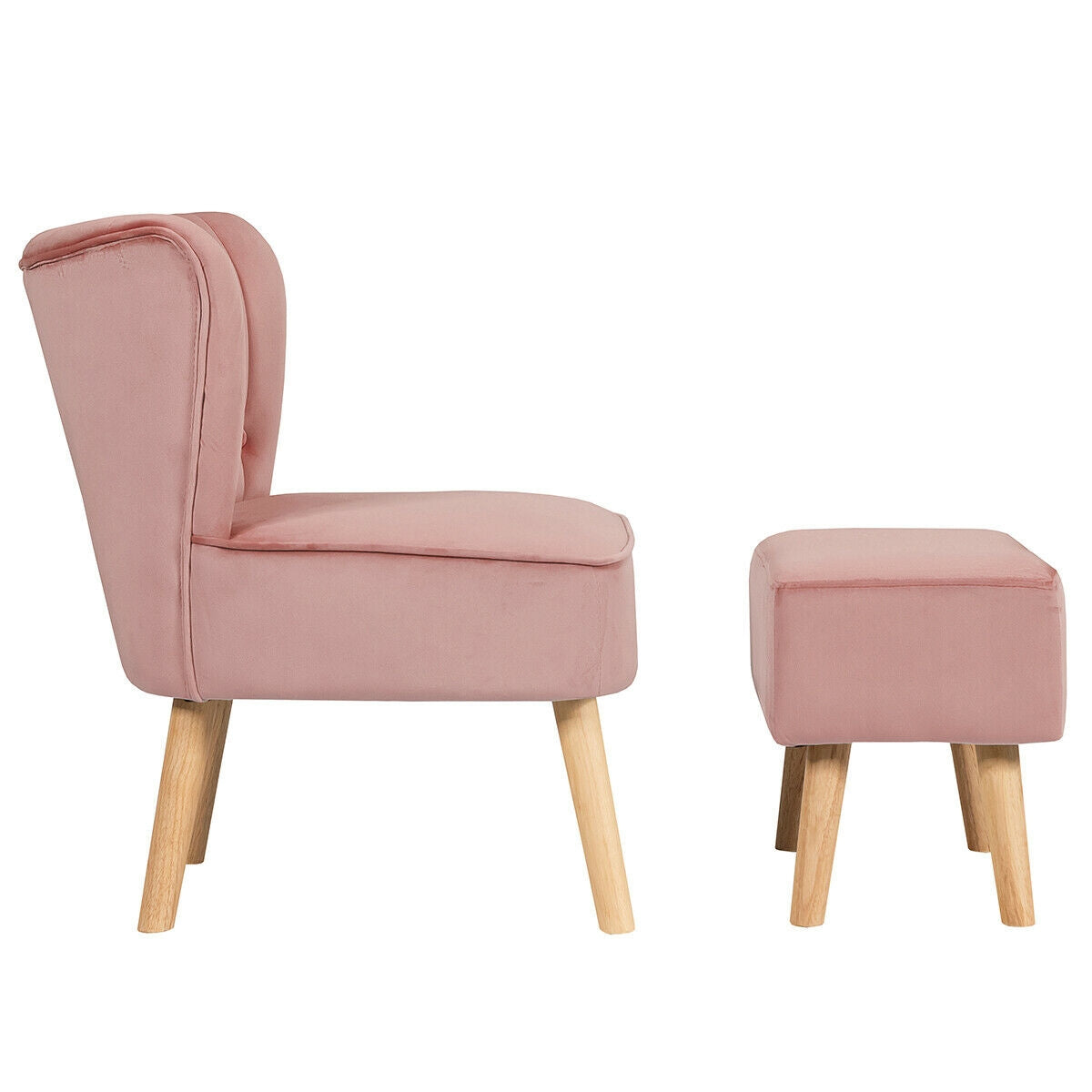 Tufted Velvet Lounge Chair and Ottoman Set with Thick Cushions and Wood Legs - Pink