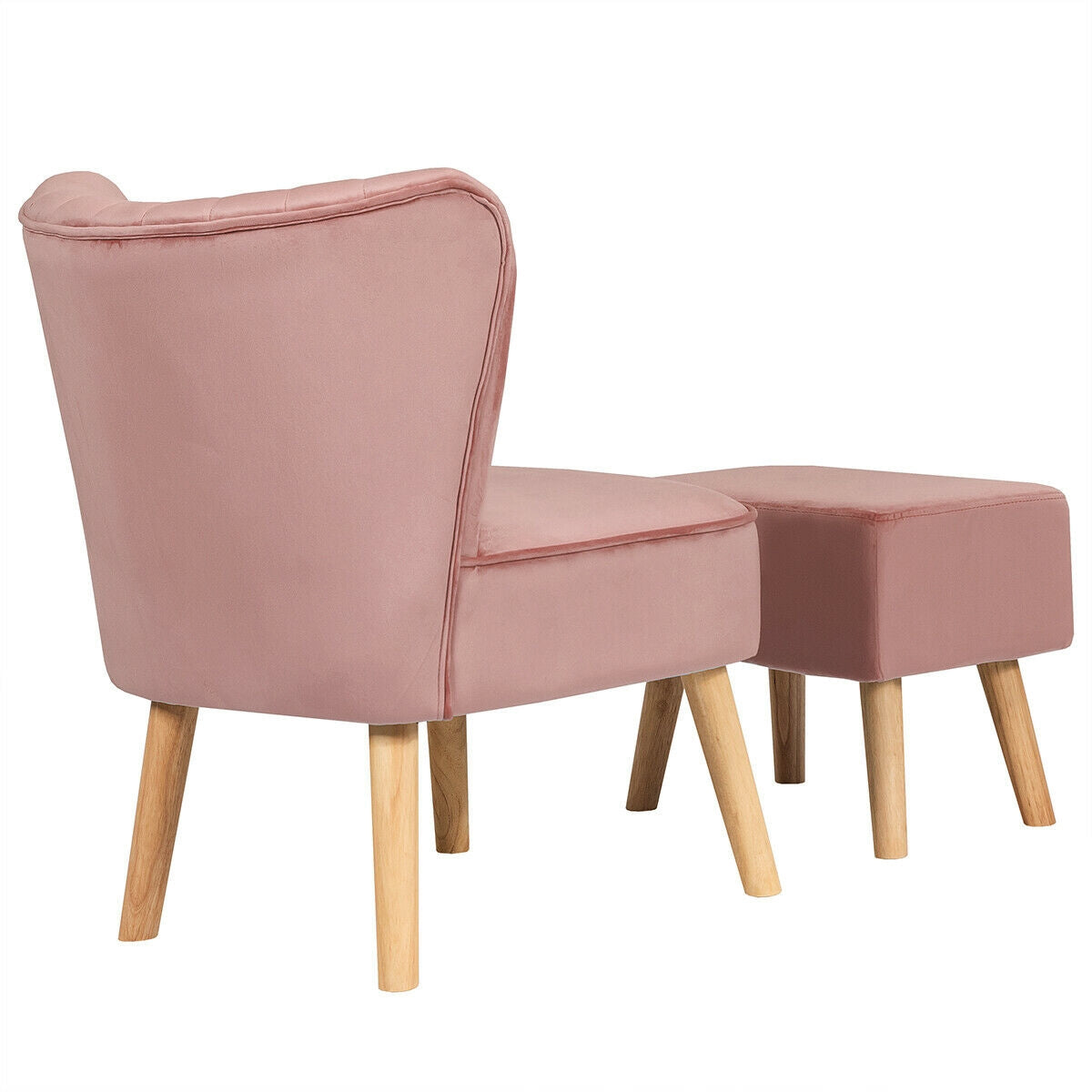 Tufted Velvet Lounge Chair and Ottoman Set with Thick Cushions and Wood Legs - Pink