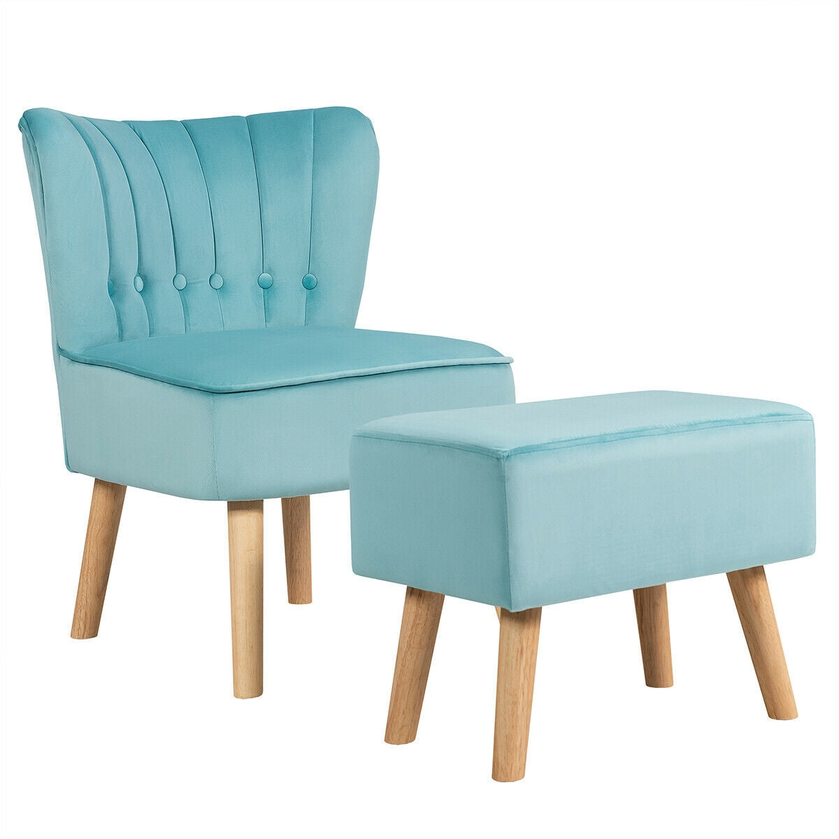 Tufted Velvet Lounge Chair and Ottoman Set with Thick Cushions and Wood Legs - Turquoise