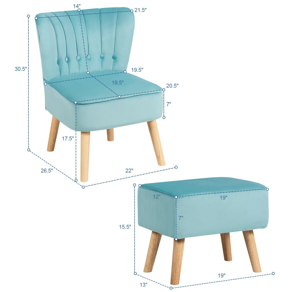 Tufted Velvet Lounge Chair and Ottoman Set with Thick Cushions and Wood Legs - Turquoise