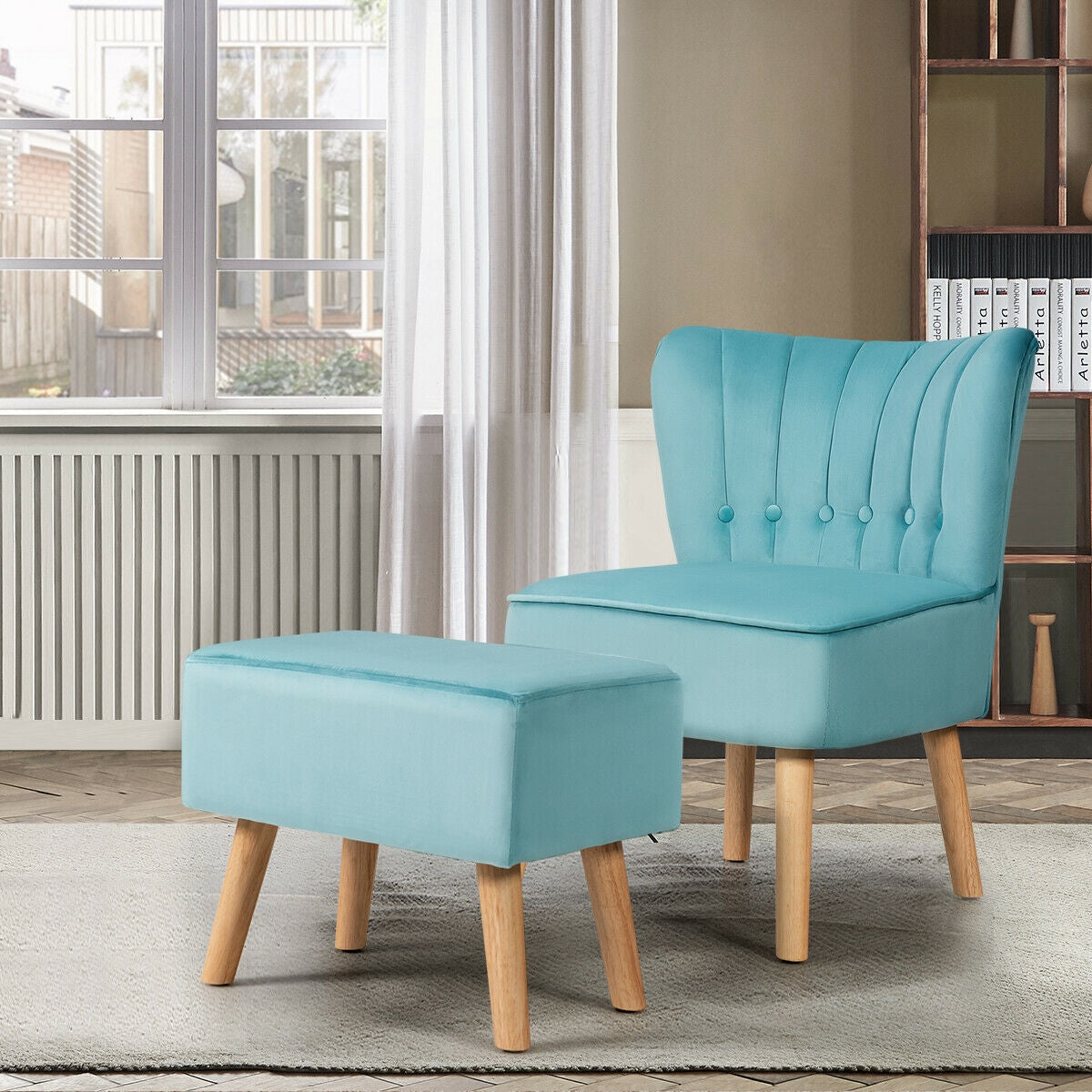 Tufted Velvet Lounge Chair and Ottoman Set with Thick Cushions and Wood Legs - Turquoise