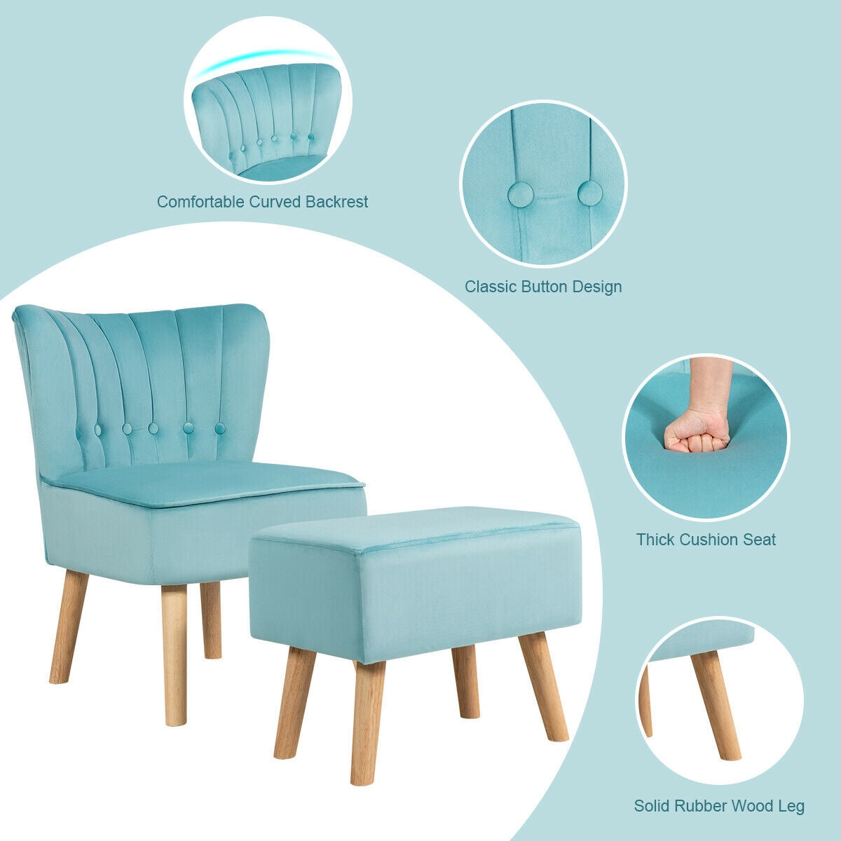 Tufted Velvet Lounge Chair and Ottoman Set with Thick Cushions and Wood Legs - Turquoise