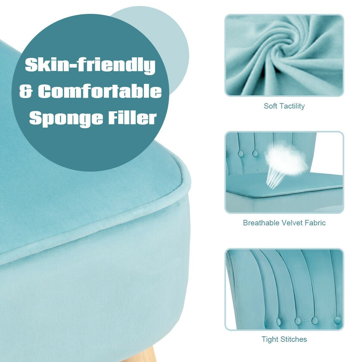 Tufted Velvet Lounge Chair and Ottoman Set with Thick Cushions and Wood Legs - Turquoise