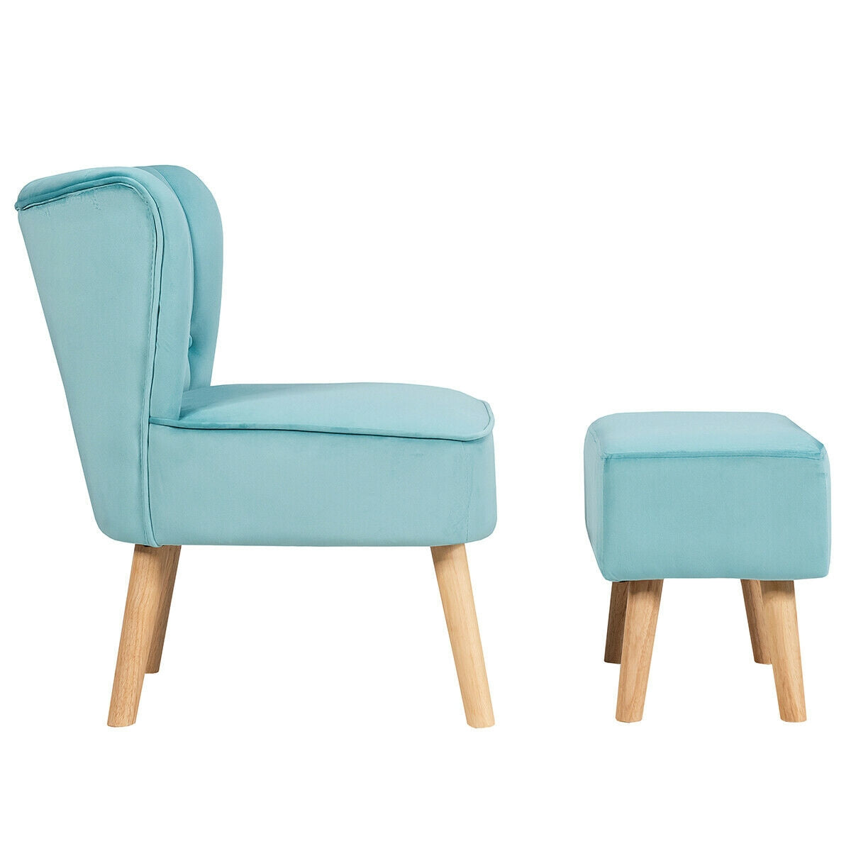 Tufted Velvet Lounge Chair and Ottoman Set with Thick Cushions and Wood Legs - Turquoise
