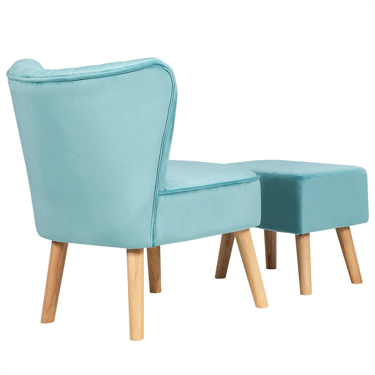 Tufted Velvet Lounge Chair and Ottoman Set with Thick Cushions and Wood Legs - Turquoise