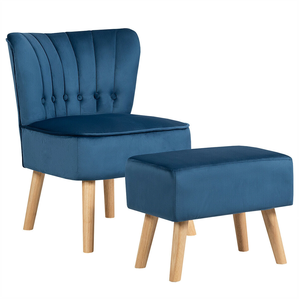 Tufted Velvet Lounge Chair and Ottoman Set with Thick Cushions and Wood Legs - Blue