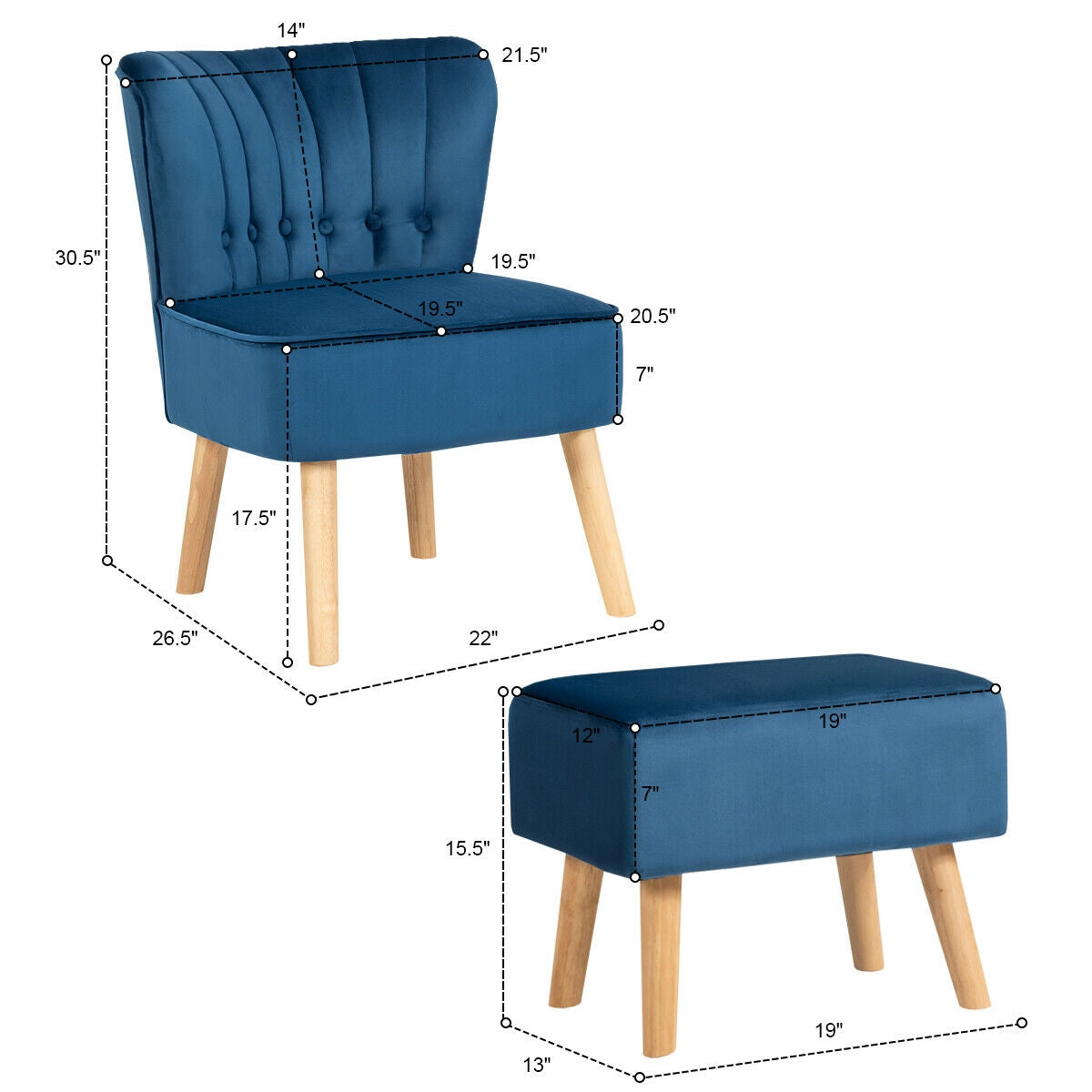 Tufted Velvet Lounge Chair and Ottoman Set with Thick Cushions and Wood Legs - Blue