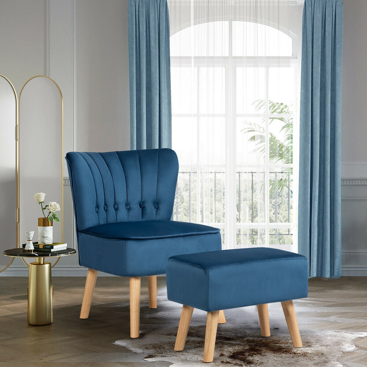 Tufted Velvet Lounge Chair and Ottoman Set with Thick Cushions and Wood Legs - Blue