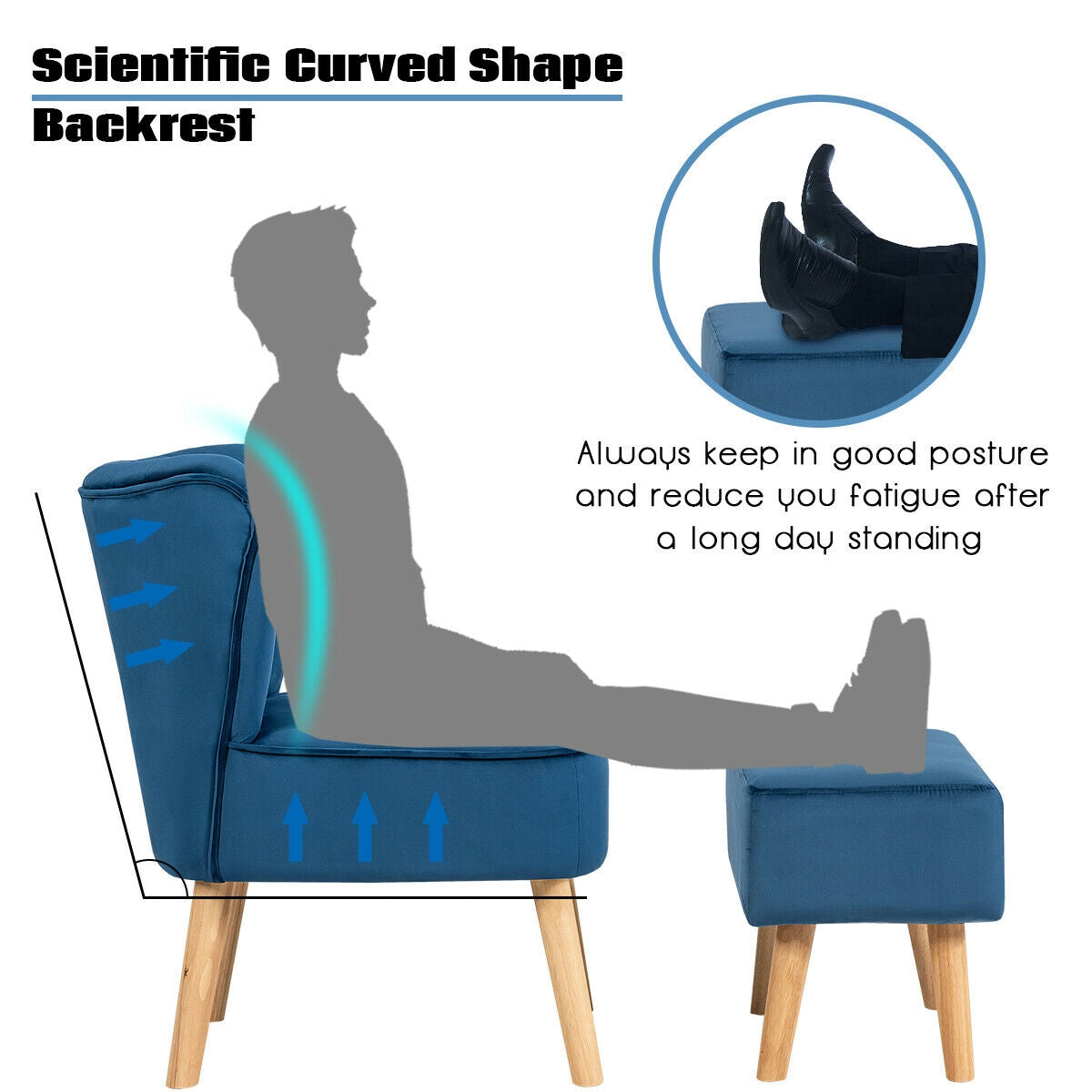 Tufted Velvet Lounge Chair and Ottoman Set with Thick Cushions and Wood Legs - Blue