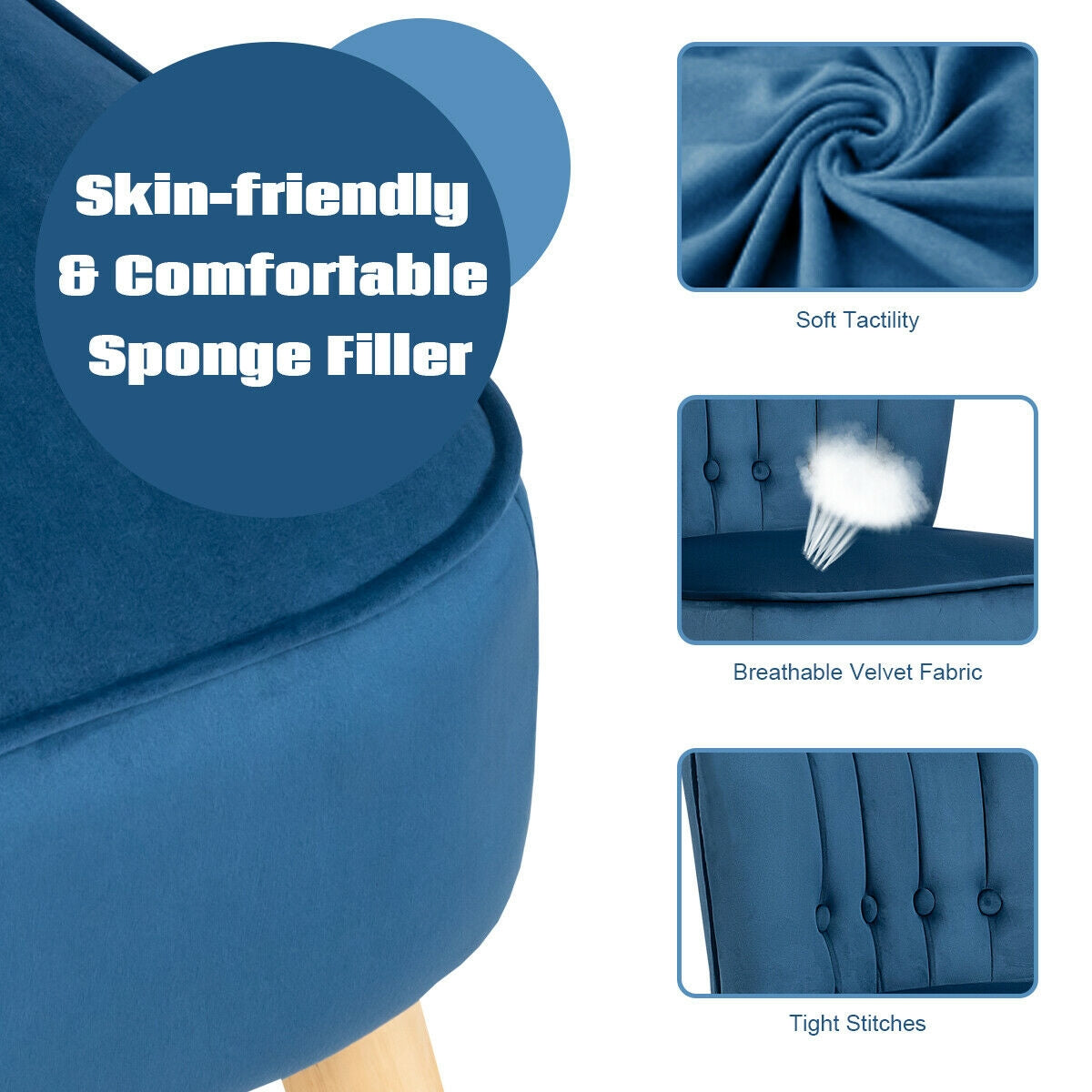 Tufted Velvet Lounge Chair and Ottoman Set with Thick Cushions and Wood Legs - Blue