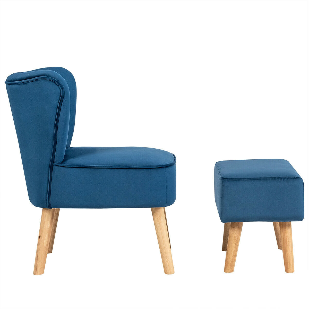 Tufted Velvet Lounge Chair and Ottoman Set with Thick Cushions and Wood Legs - Blue