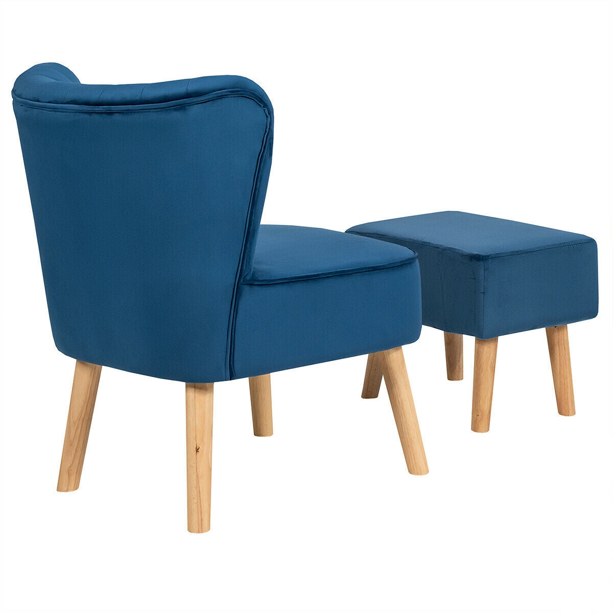 Tufted Velvet Lounge Chair and Ottoman Set with Thick Cushions and Wood Legs - Blue