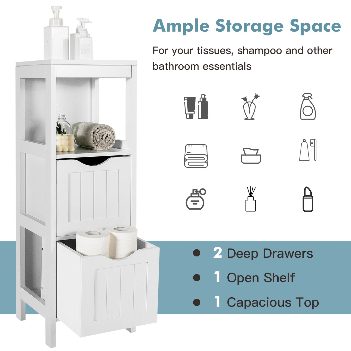 Freestanding Bathroom Storage Cabinet with 2 Removable Drawers & Open Shelf