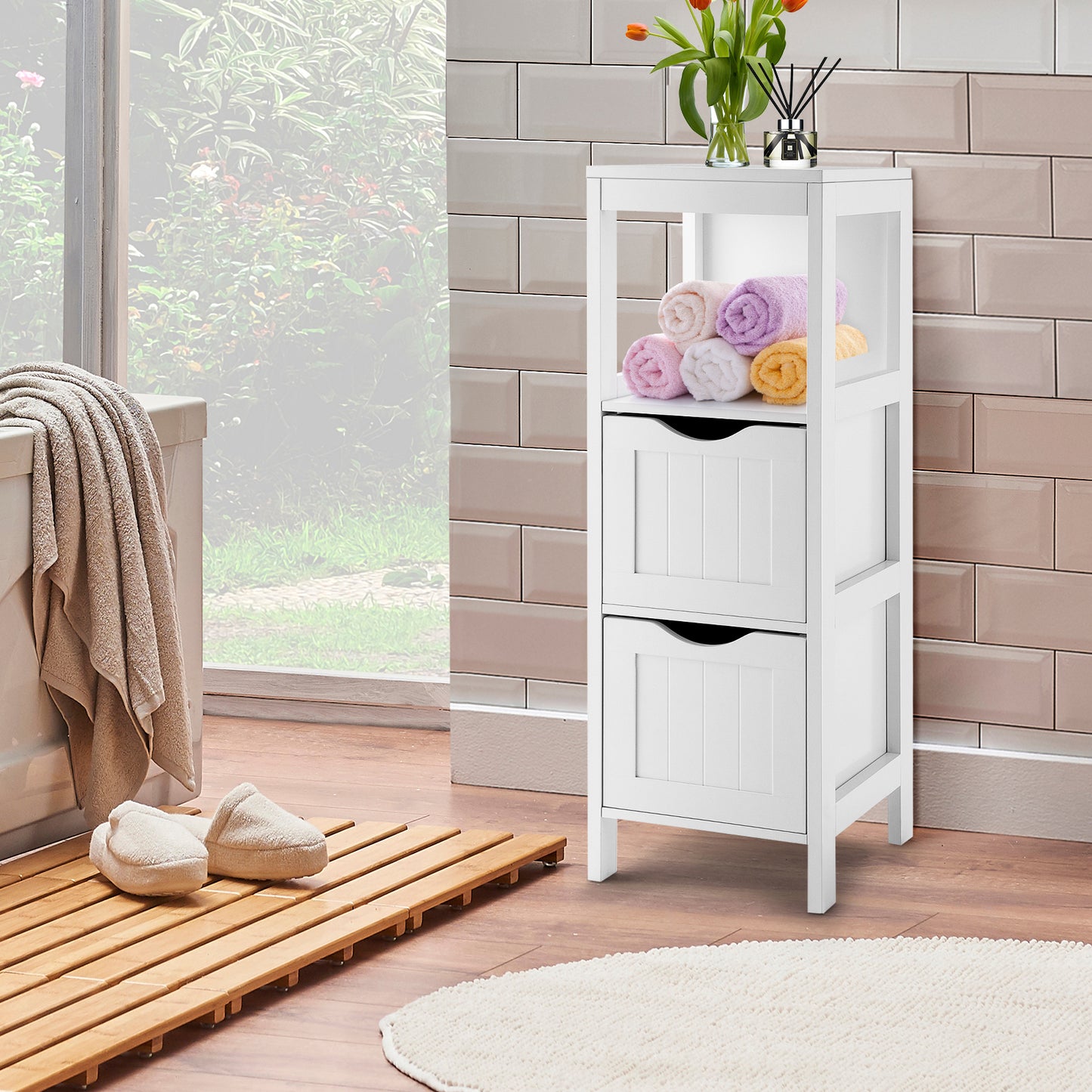 Freestanding Bathroom Storage Cabinet with 2 Removable Drawers & Open Shelf