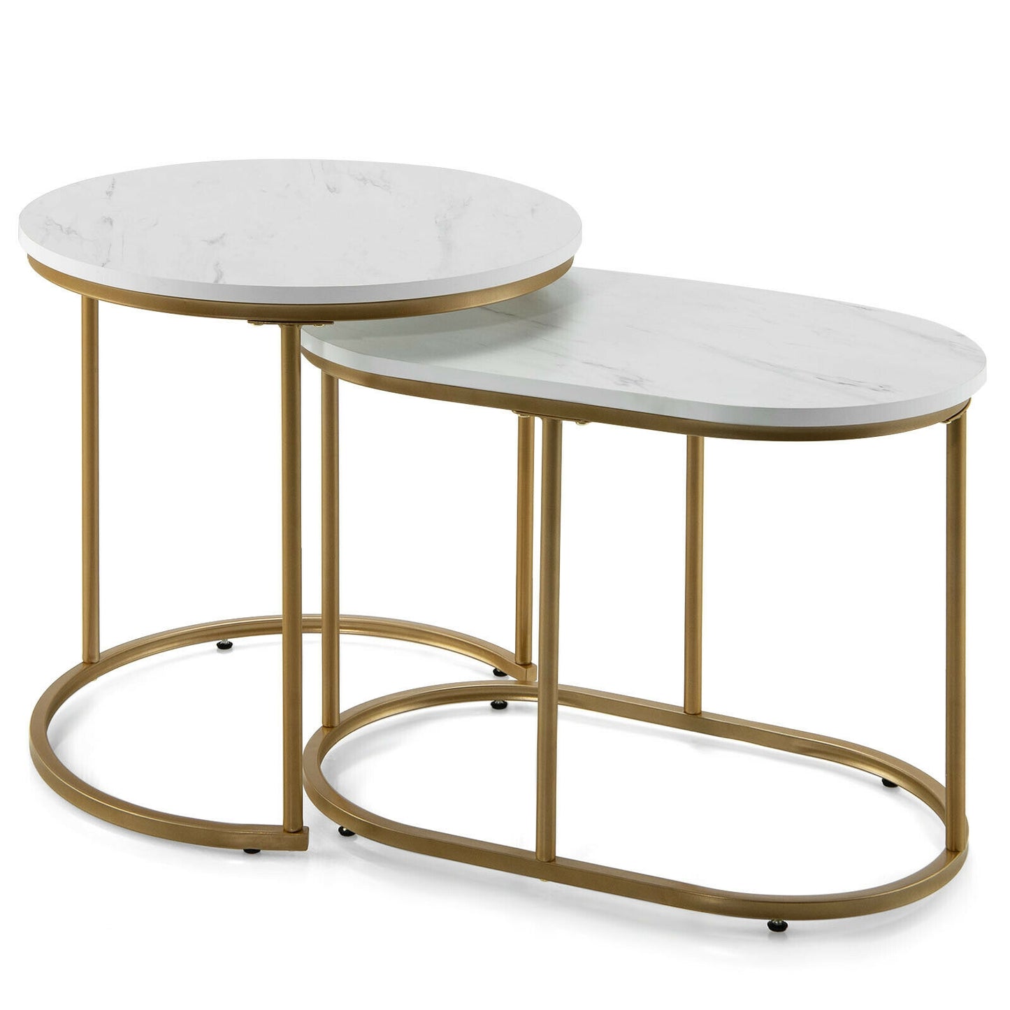 Elegant 2 Piece Modern Nesting Coffee Table Set with Marble Top and Gold Frame