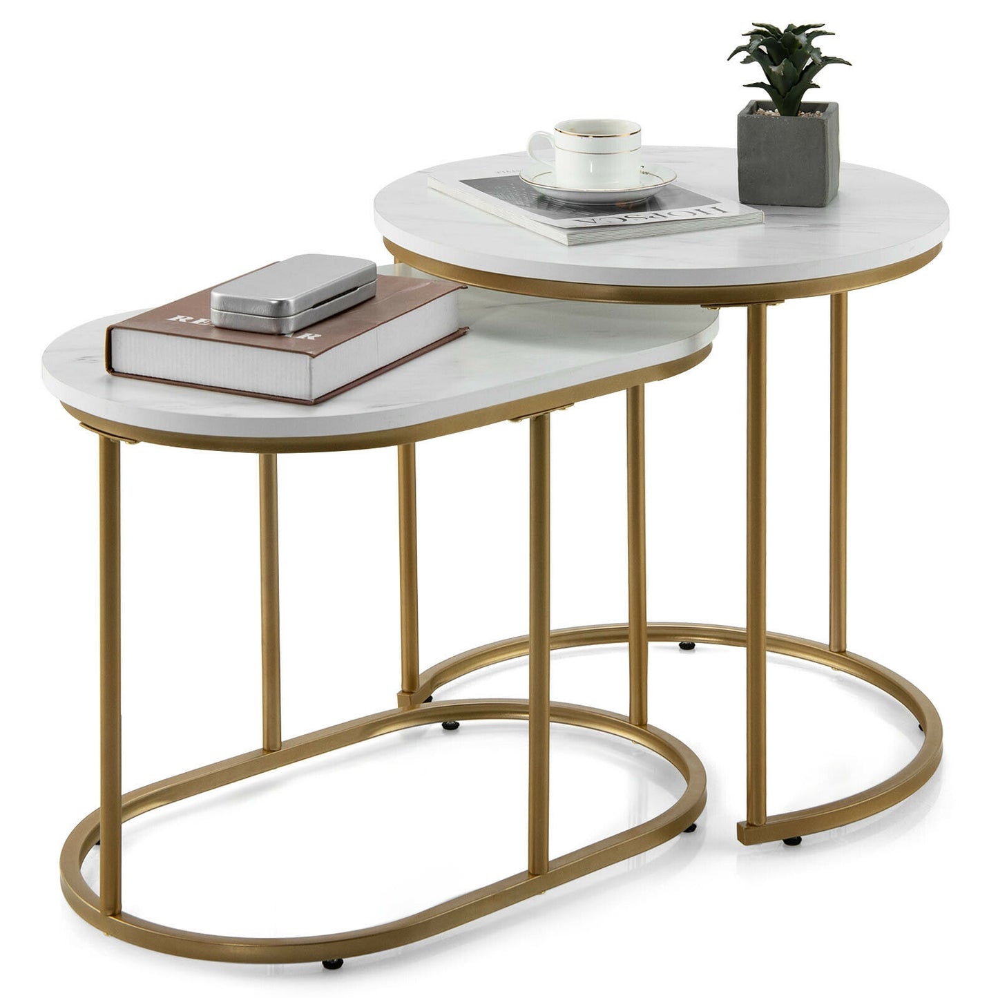 Elegant 2 Piece Modern Nesting Coffee Table Set with Marble Top and Gold Frame