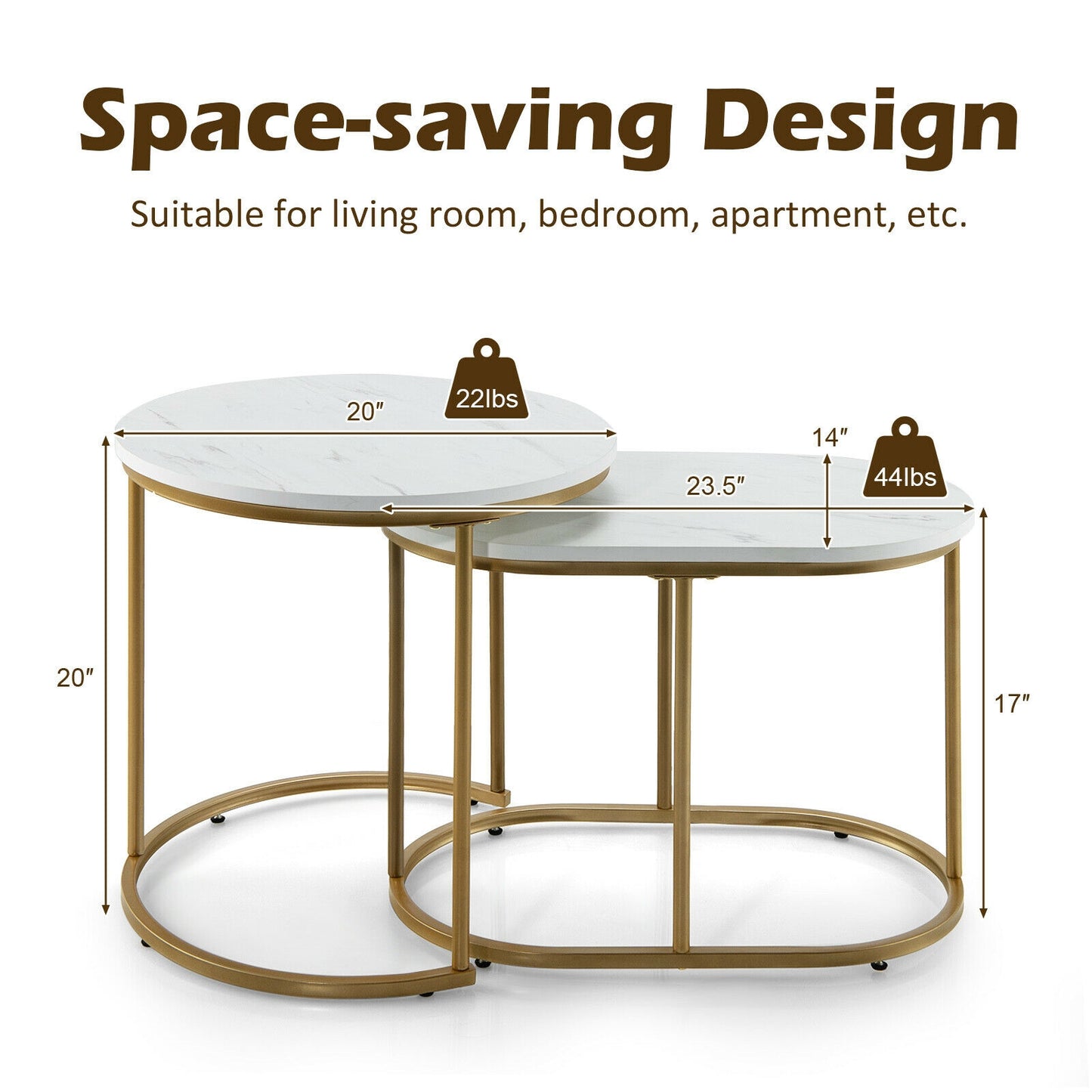 Elegant 2 Piece Modern Nesting Coffee Table Set with Marble Top and Gold Frame