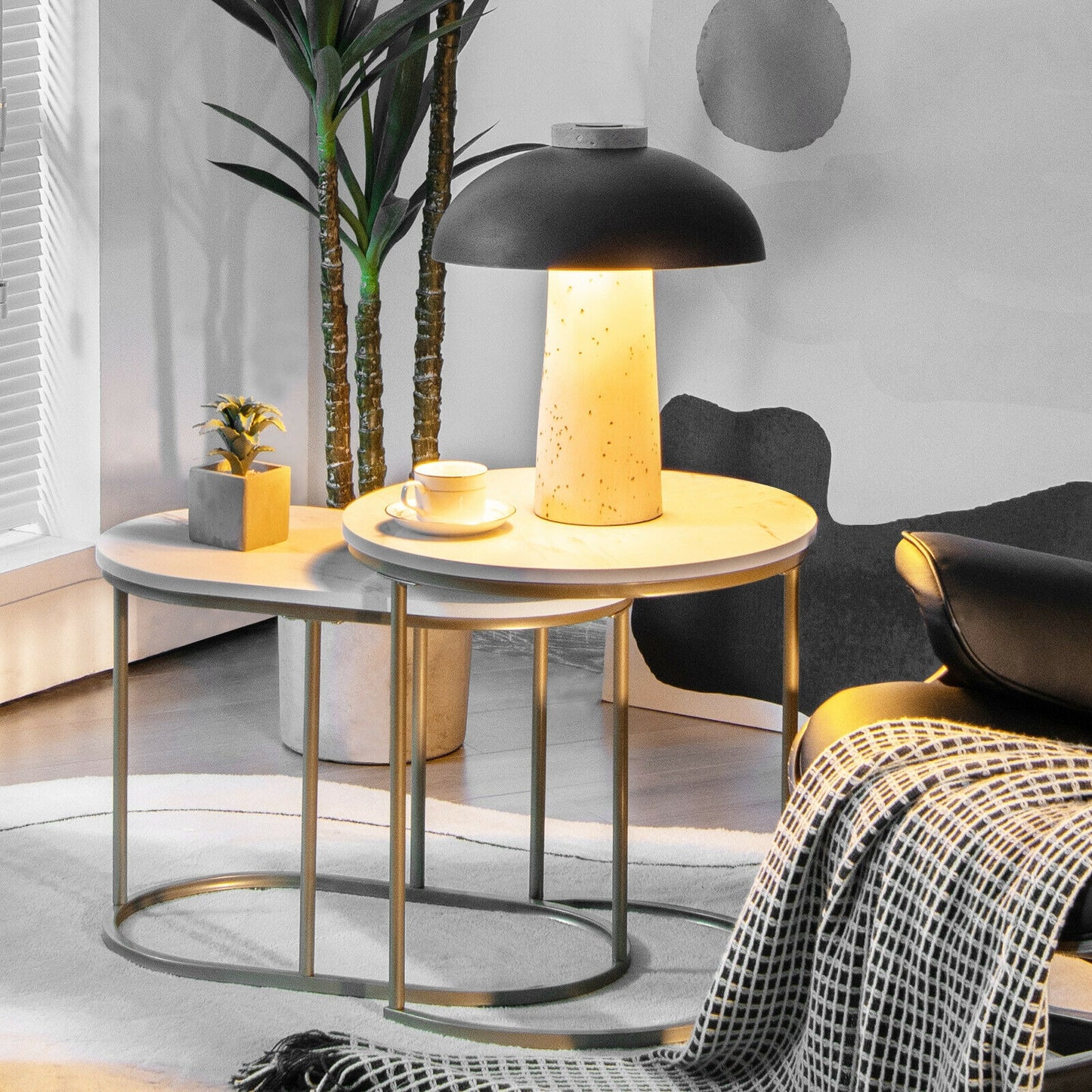 Elegant 2 Piece Modern Nesting Coffee Table Set with Marble Top and Gold Frame