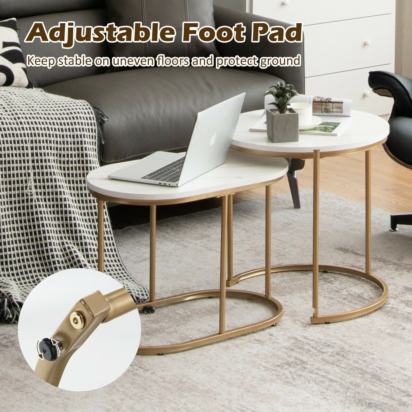 Elegant 2 Piece Modern Nesting Coffee Table Set with Marble Top and Gold Frame
