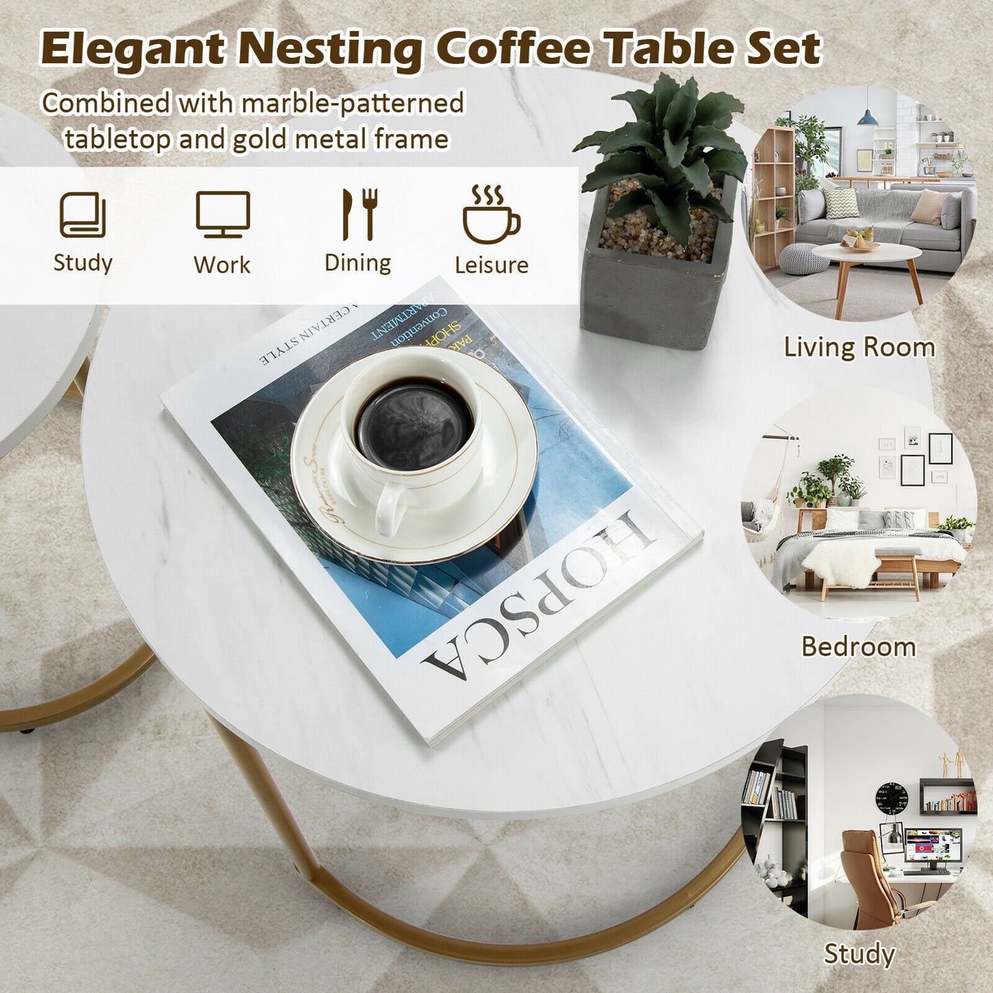 Elegant 2 Piece Modern Nesting Coffee Table Set with Marble Top and Gold Frame