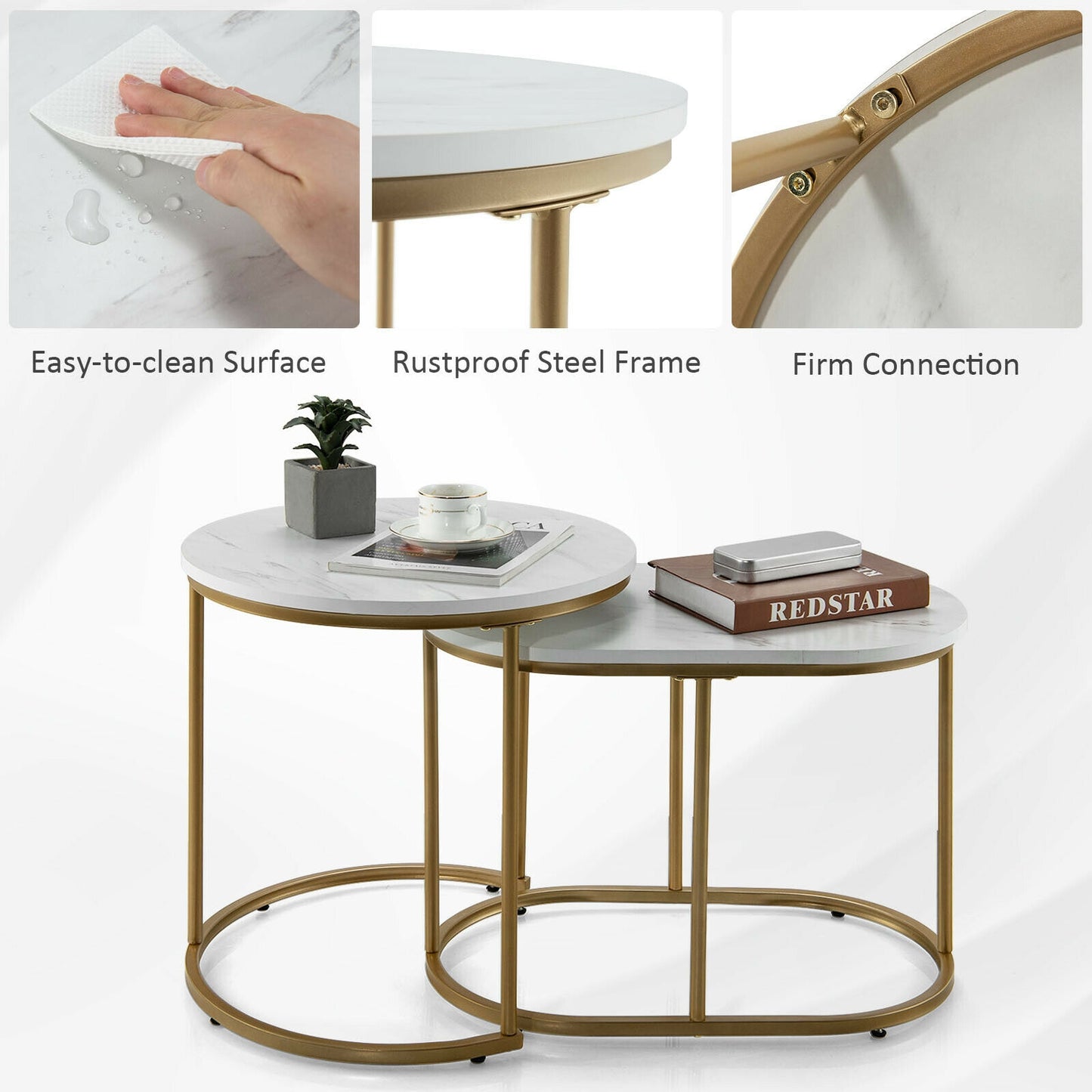 Elegant 2 Piece Modern Nesting Coffee Table Set with Marble Top and Gold Frame