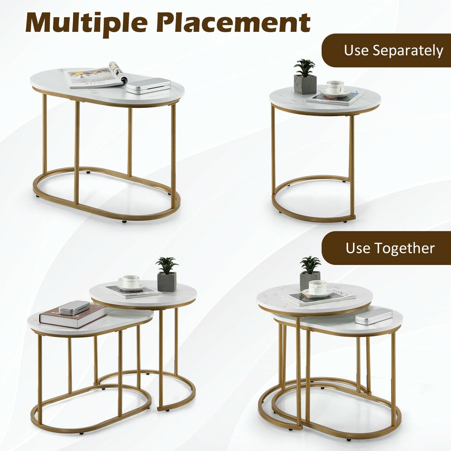 Elegant 2 Piece Modern Nesting Coffee Table Set with Marble Top and Gold Frame