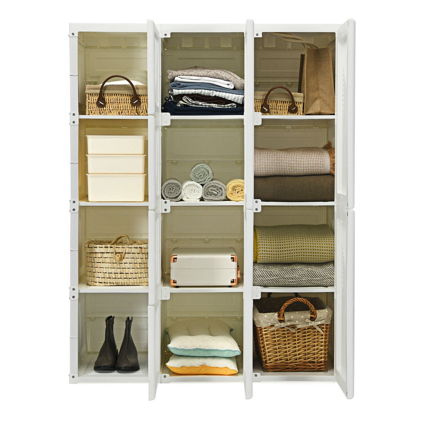 Foldable Wardrobe Closet with Hanging Rods and 12-Cubby Storage for Clothes and Bedding