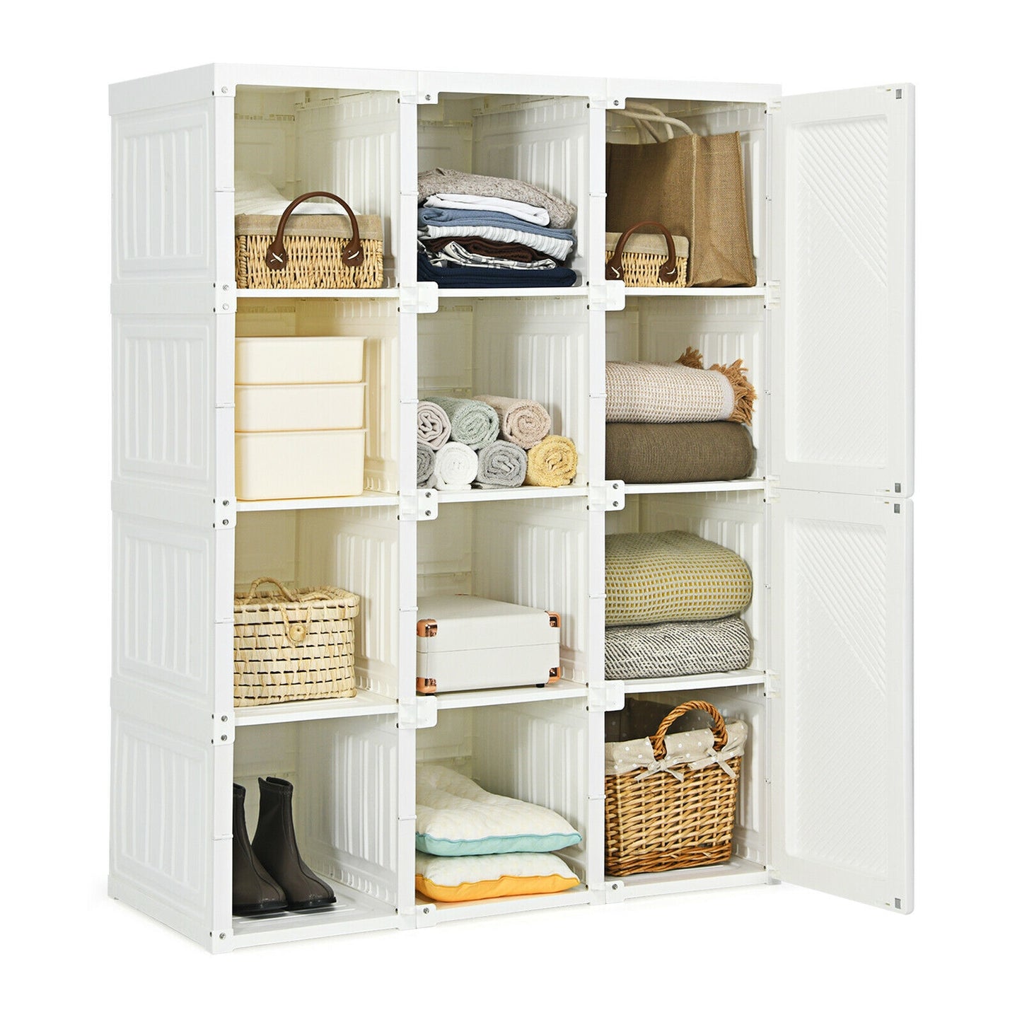Foldable Wardrobe Closet with Hanging Rods and 12-Cubby Storage for Clothes and Bedding