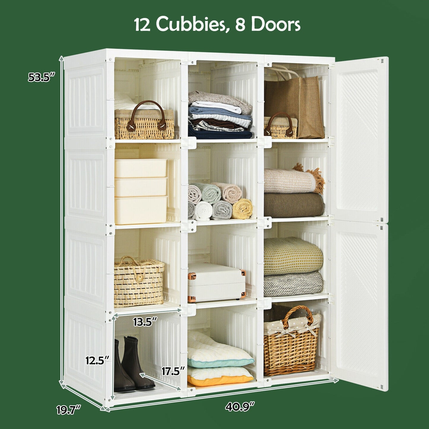 Foldable Wardrobe Closet with Hanging Rods and 12-Cubby Storage for Clothes and Bedding
