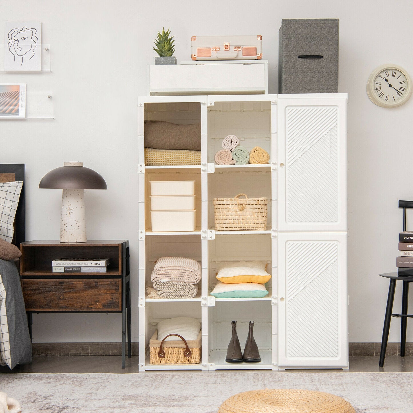 Foldable Wardrobe Closet with Hanging Rods and 12-Cubby Storage for Clothes and Bedding