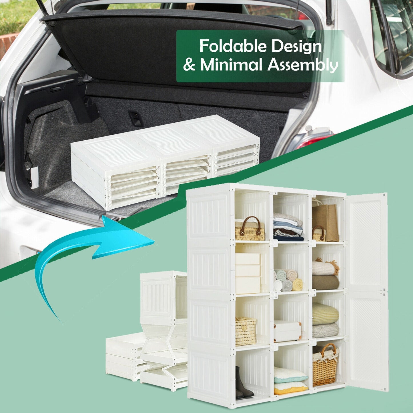 Foldable Wardrobe Closet with Hanging Rods and 12-Cubby Storage for Clothes and Bedding