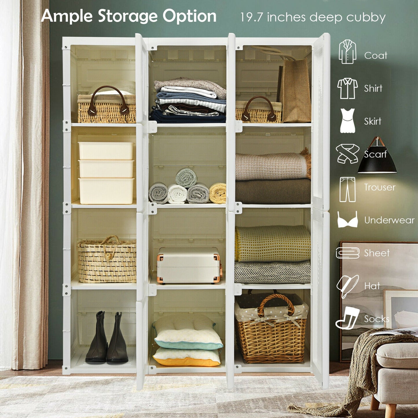 Foldable Wardrobe Closet with Hanging Rods and 12-Cubby Storage for Clothes and Bedding