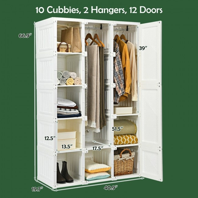 Foldable Wardrobe Closet with Hanging Rod and 10-Cube Storage for Clothes and Bedding