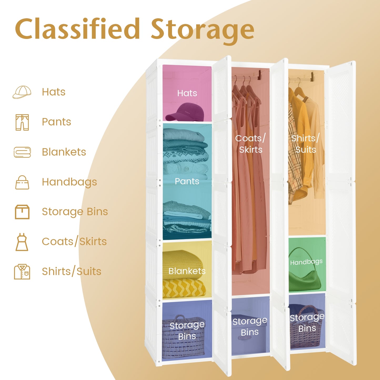 Foldable Wardrobe Closet with Hanging Rod and 10-Cube Storage for Clothes and Bedding