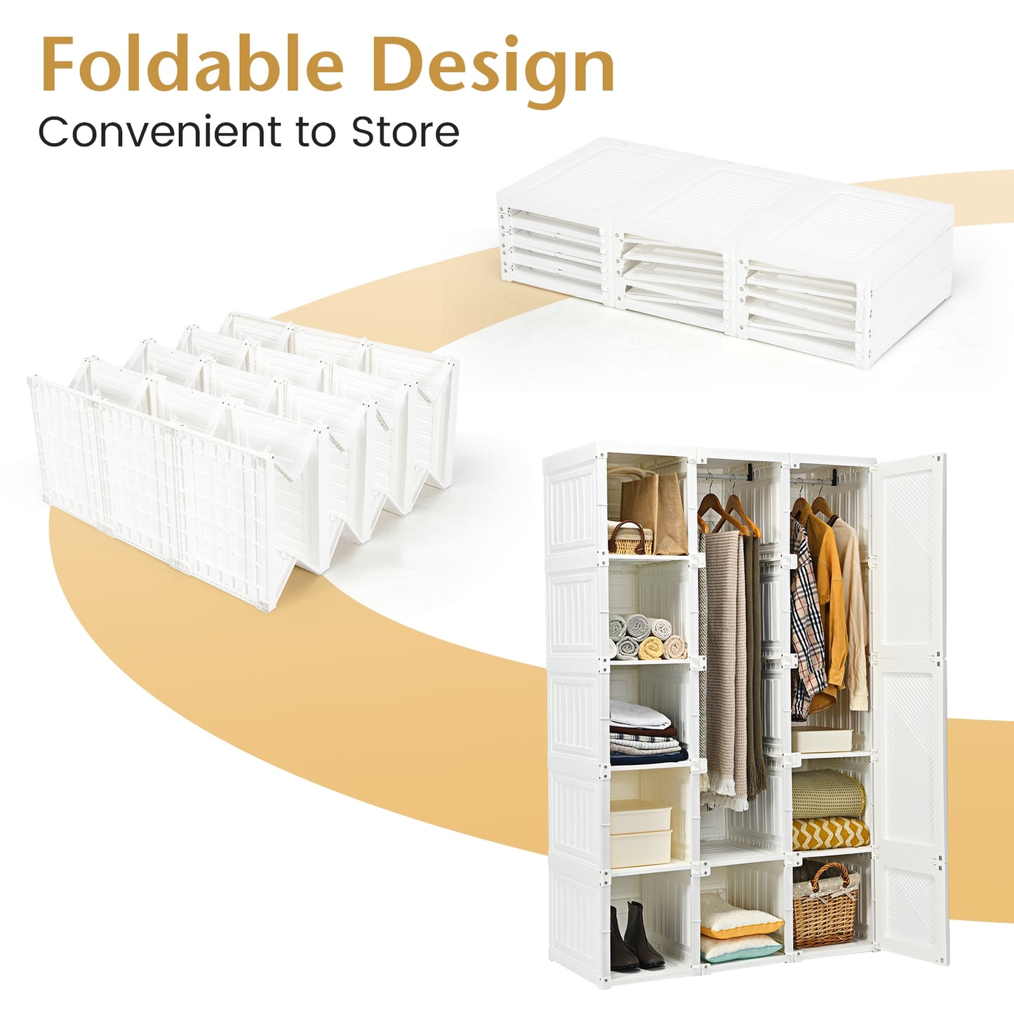 Foldable Wardrobe Closet with Hanging Rod and 10-Cube Storage for Clothes and Bedding