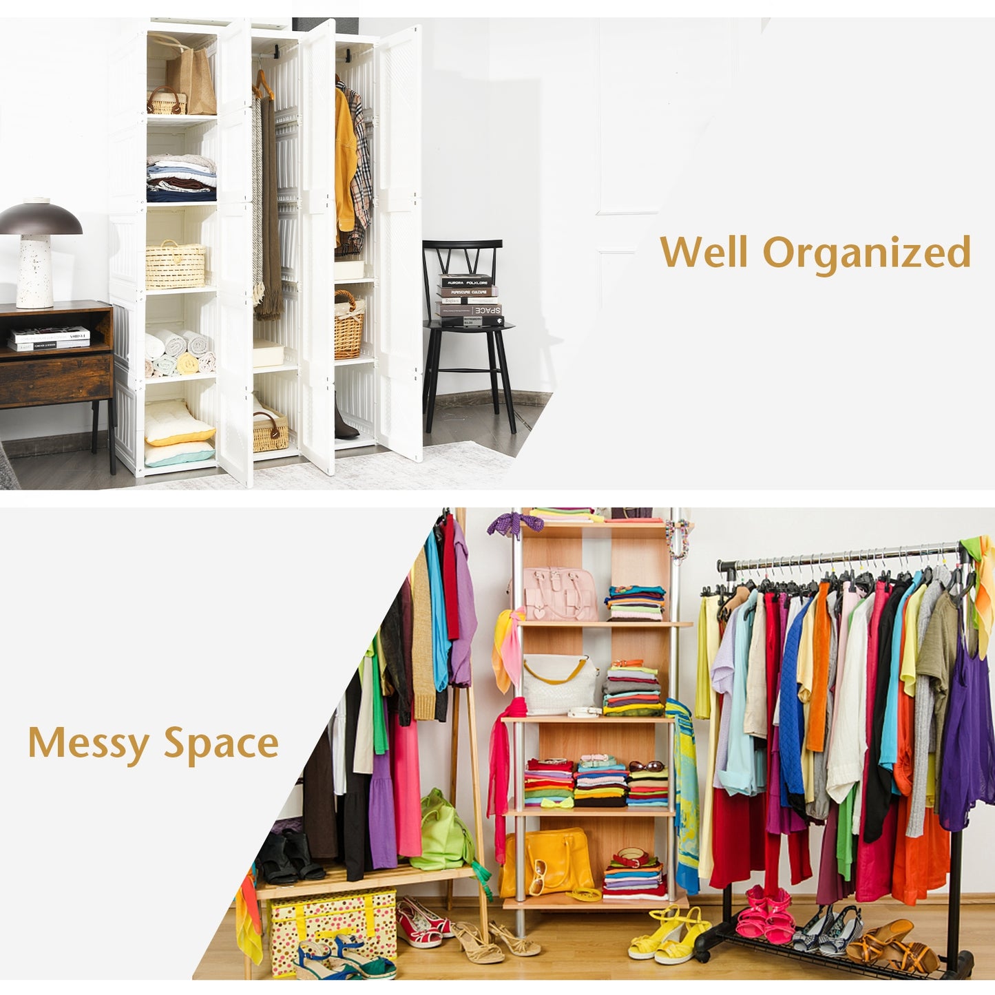 Foldable Wardrobe Closet with Hanging Rod and 10-Cube Storage for Clothes and Bedding