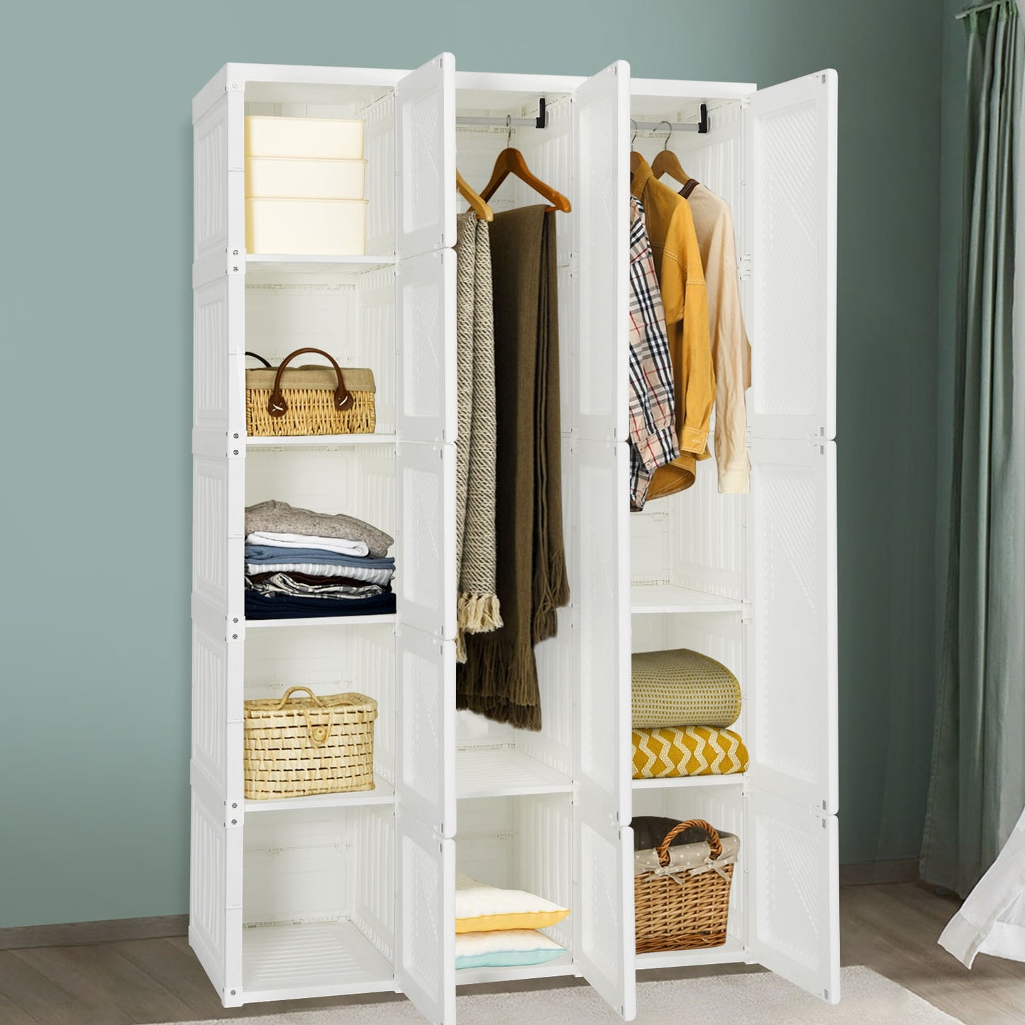 Foldable Wardrobe Closet with Hanging Rod and 10-Cube Storage for Clothes and Bedding