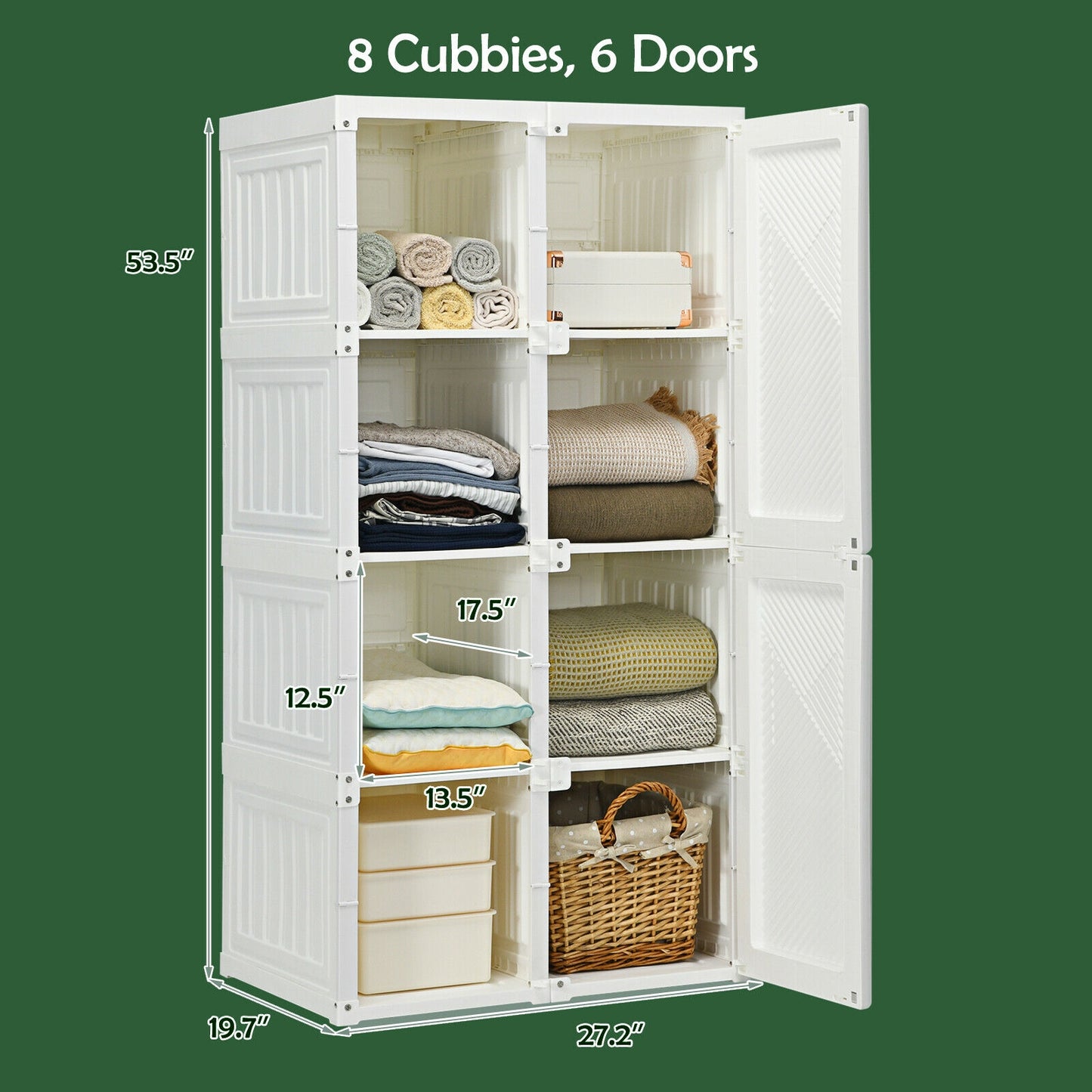Foldable Wardrobe Closet with Hanging Rods and 8-Cubby Storage for Clothes and Bedding